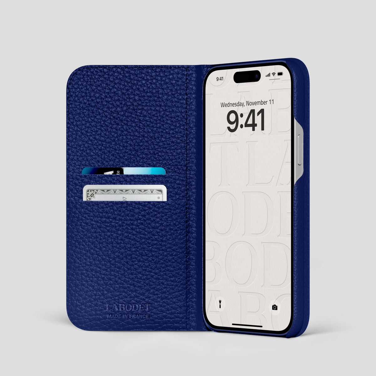 Royal Blue iPhone 15 Pro Folio Magsafe Case Calf with Black Metal -2 | Royal-Blue-Black
