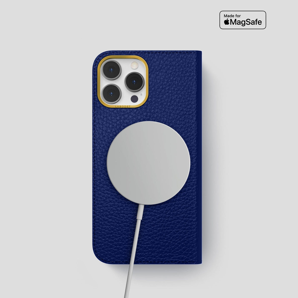 Royal Blue iPhone 15 Pro Folio Magsafe Case Calf with Gold Metal -3 | Royal-Blue-Gold