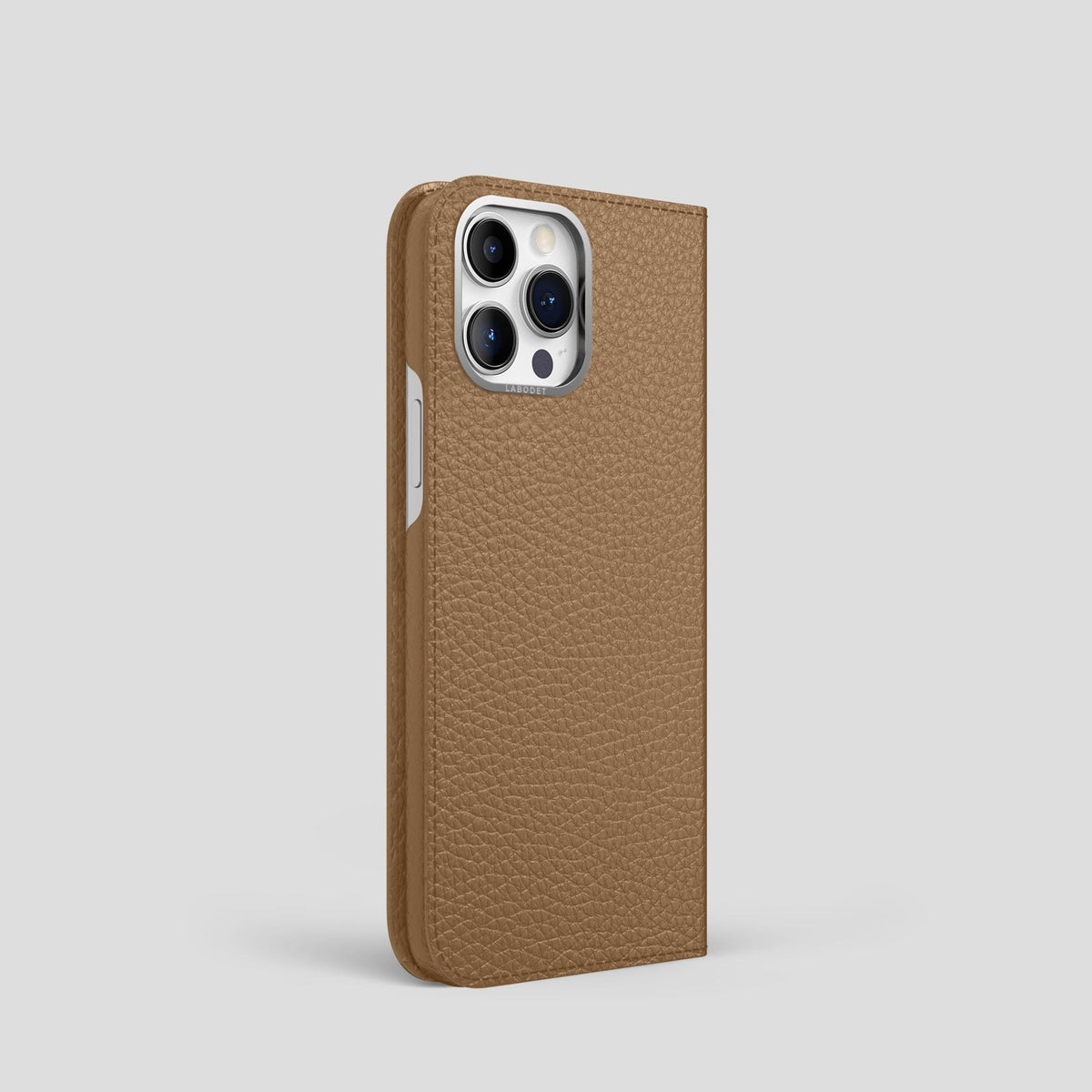 Taupe iPhone 15 Pro Folio Magsafe Case Calf with Steel Metal -1 | Taupe-Steel