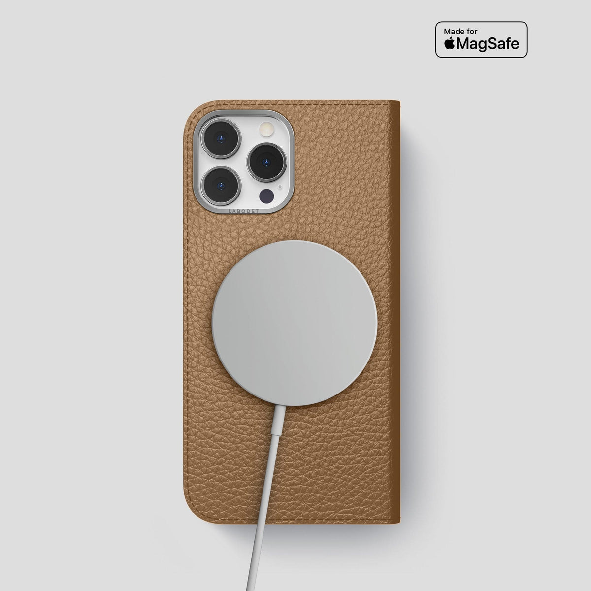 Taupe iPhone 15 Pro Folio Magsafe Case Calf with Steel Metal -3 | Taupe-Steel