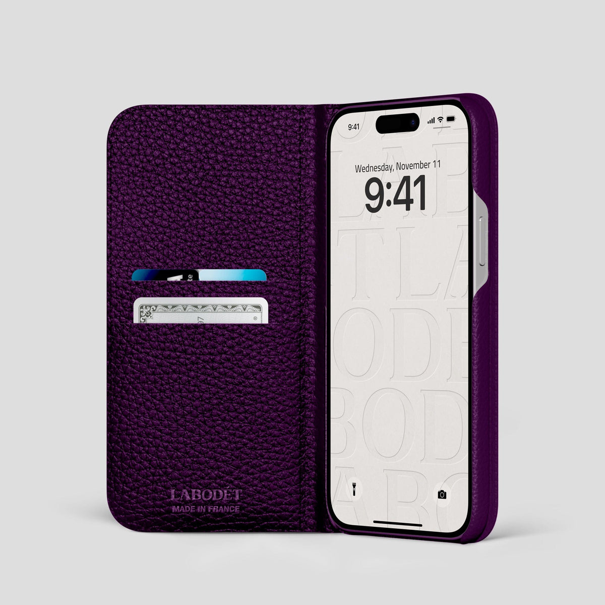 Violet iPhone 15 Pro Folio Magsafe Case Calf with Black Metal -2 | Violet-Black