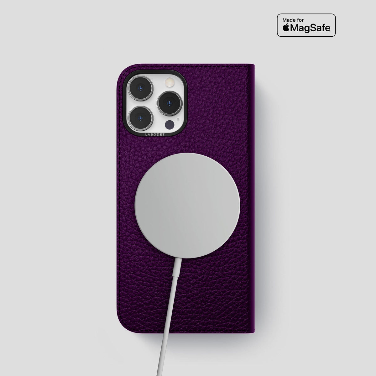 Violet iPhone 15 Pro Folio Magsafe Case Calf with Black Metal -3 | Violet-Black