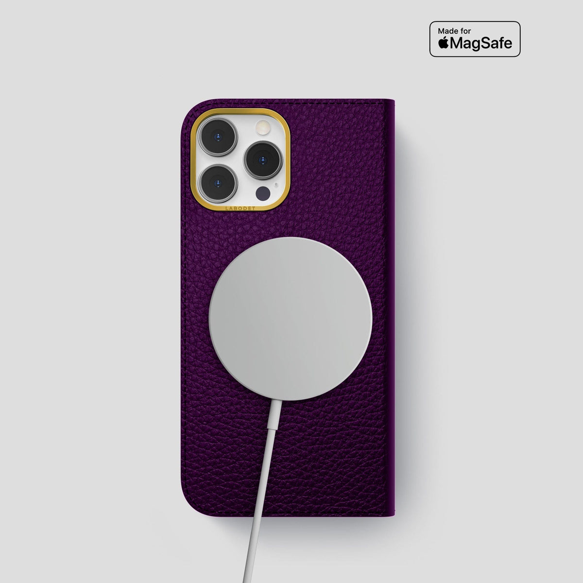 Violet iPhone 15 Pro Folio Magsafe Case Calf with Gold Metal -3 | Violet-Gold