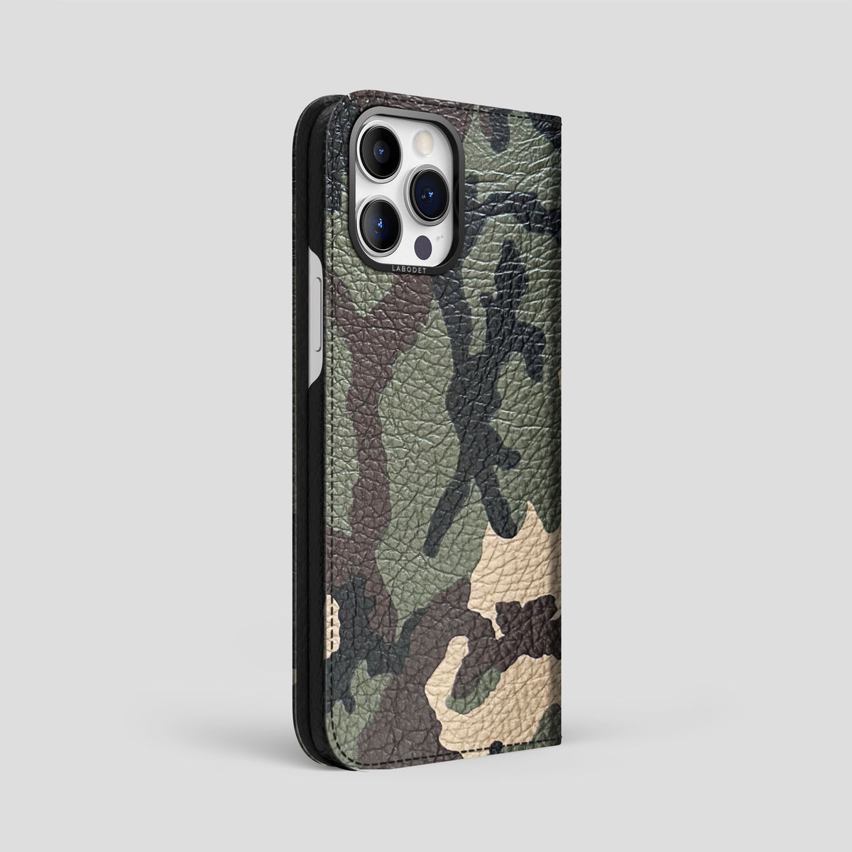 Camouflage iPhone 15 Pro Max Folio Case Calf with Black Metal -1 | Camouflage-Black
