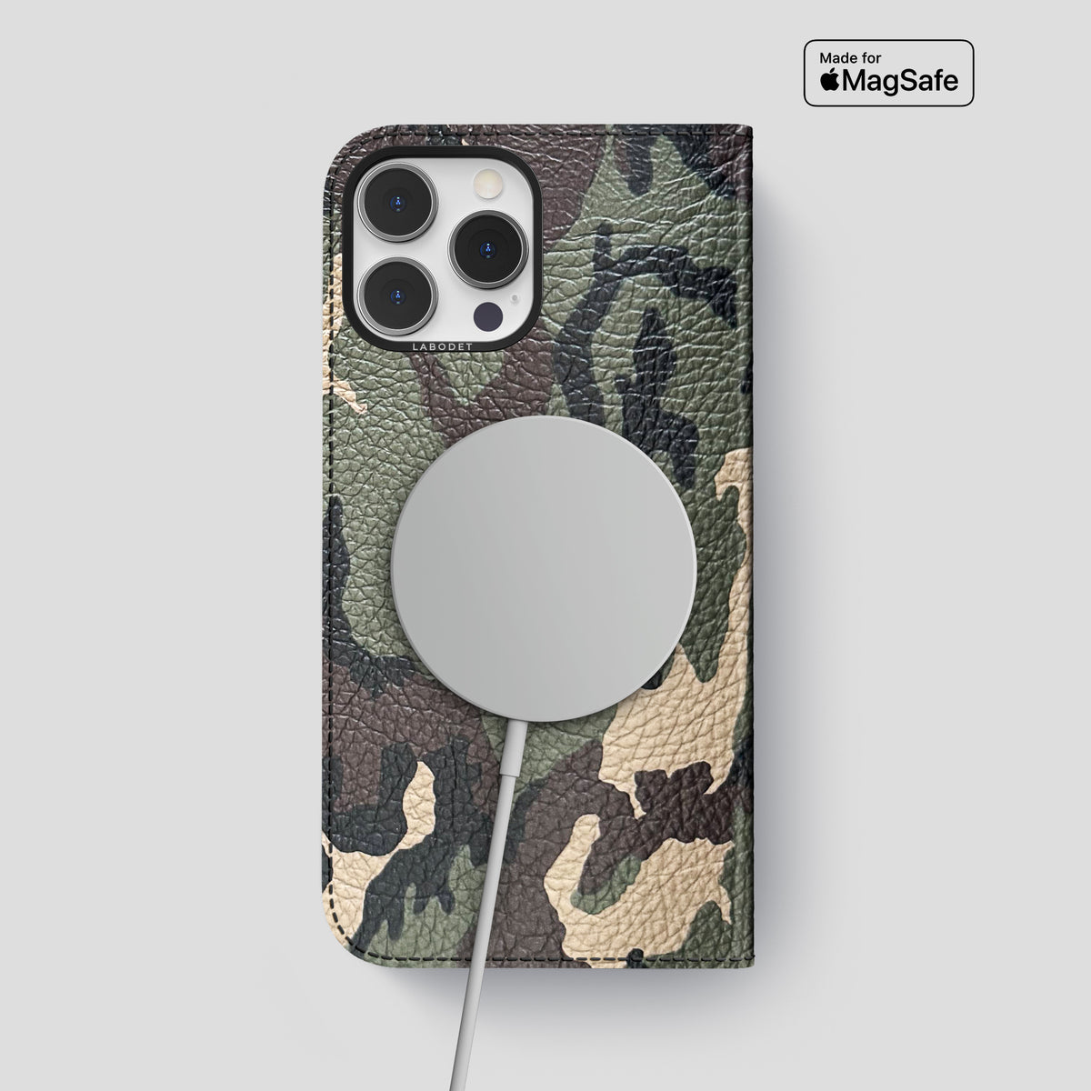 Camouflage iPhone 15 Pro Max Folio Case Calf with Black Metal -3 | Camouflage-Black