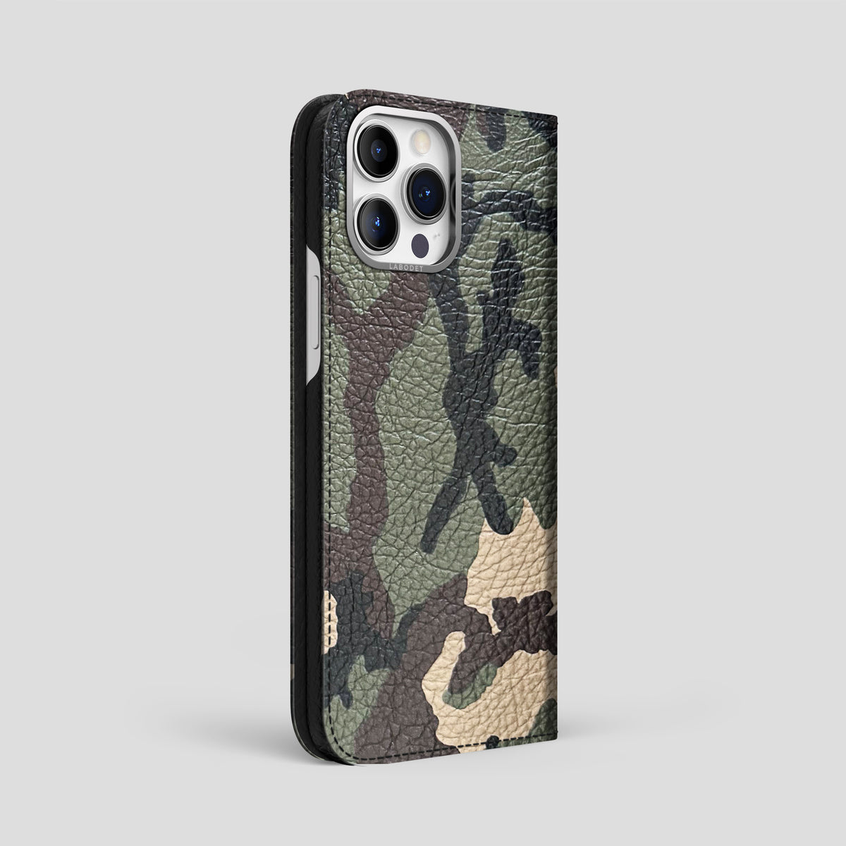 Camouflage iPhone 15 Pro Max Folio Case Calf with Steel Metal -1 | Camouflage-Steel