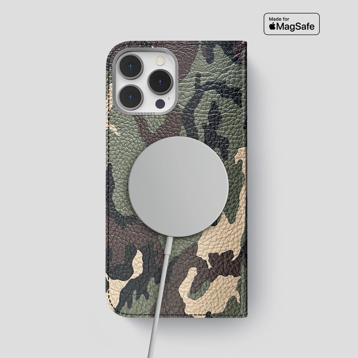 Camouflage iPhone 15 Pro Max Folio Case Calf with Steel Metal -3 | Camouflage-Steel