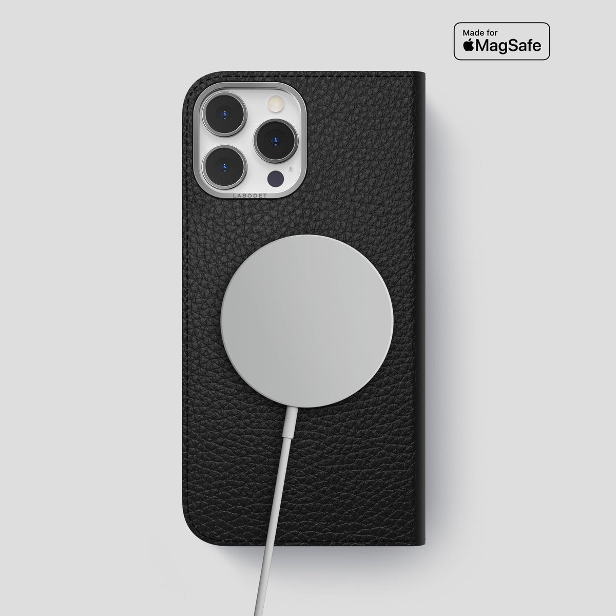 Black iPhone 15 Pro Max Folio Magsafe Case Calf with Steel Metal -3 | Black-Steel