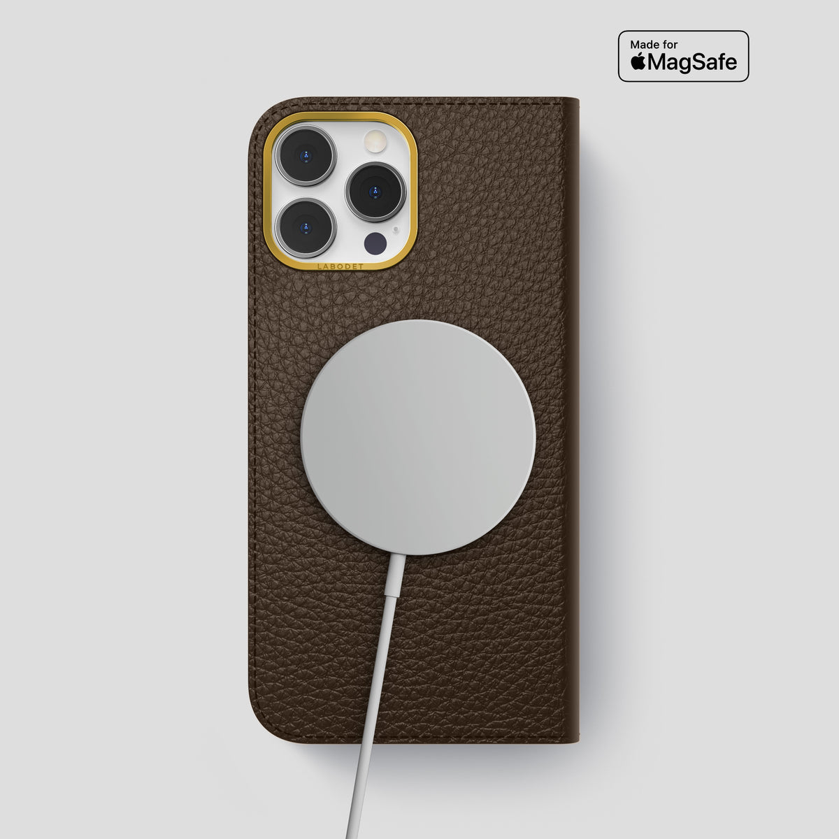 Dark-Brown iPhone 15 Pro Max Folio Magsafe Case Calf with Gold Metal -3 | Dark-Brown-Gold