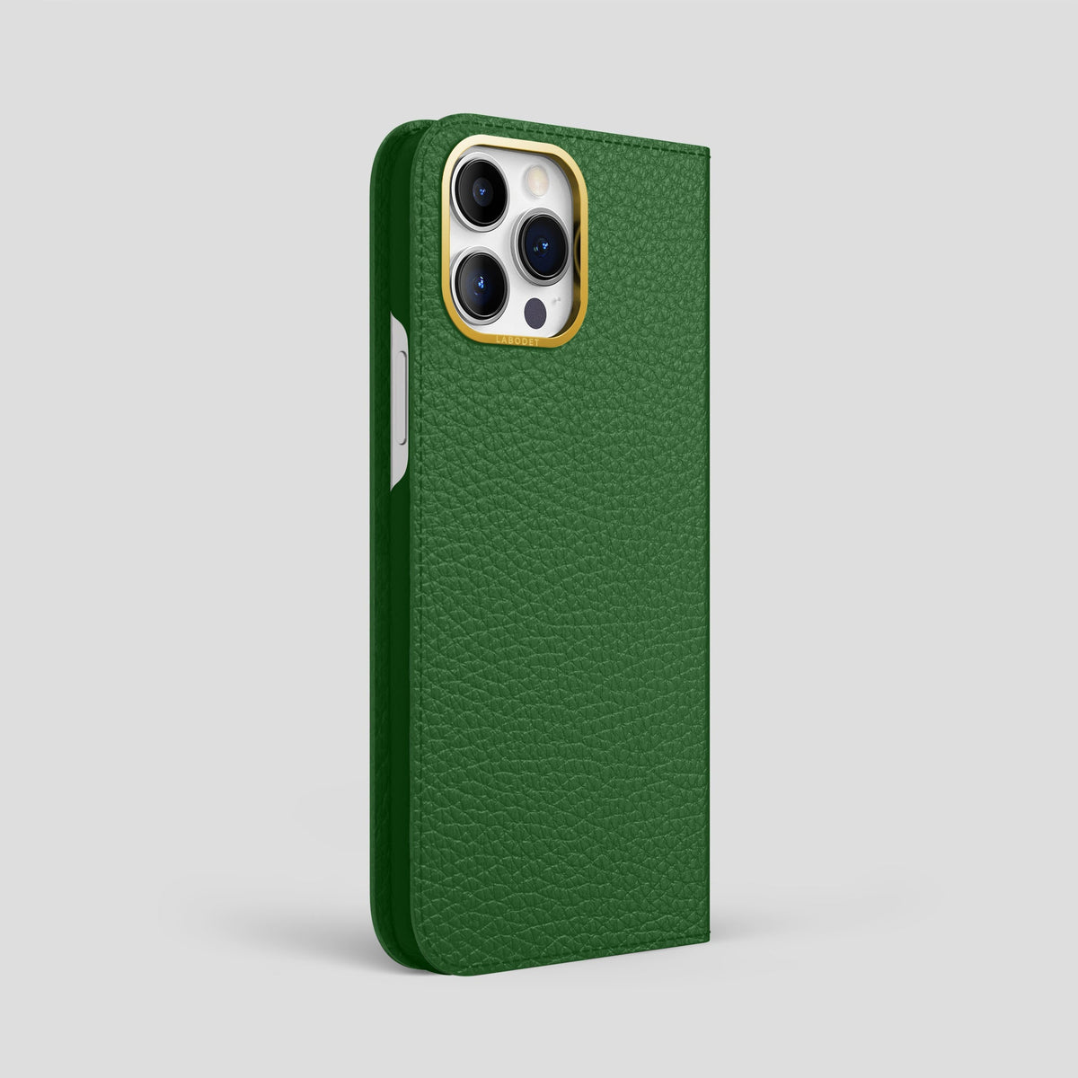 Dark Green iPhone 15 Pro Max Folio Magsafe Case Calf with Gold Metal -1 | Dark-Green-Gold