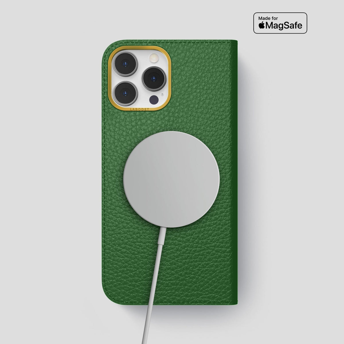Dark Green iPhone 15 Pro Max Folio Magsafe Case Calf with Gold Metal -3 | Dark-Green-Gold