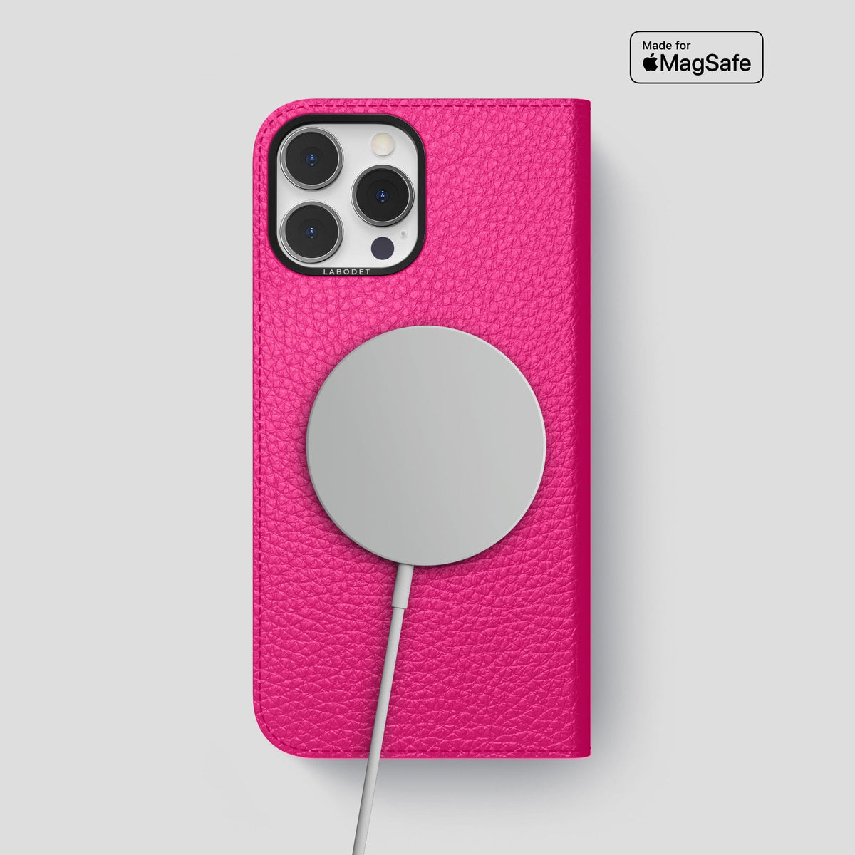 Magenta iPhone 15 Pro Max Folio Magsafe Case Calf with Black Metal -3 | Magenta-Black