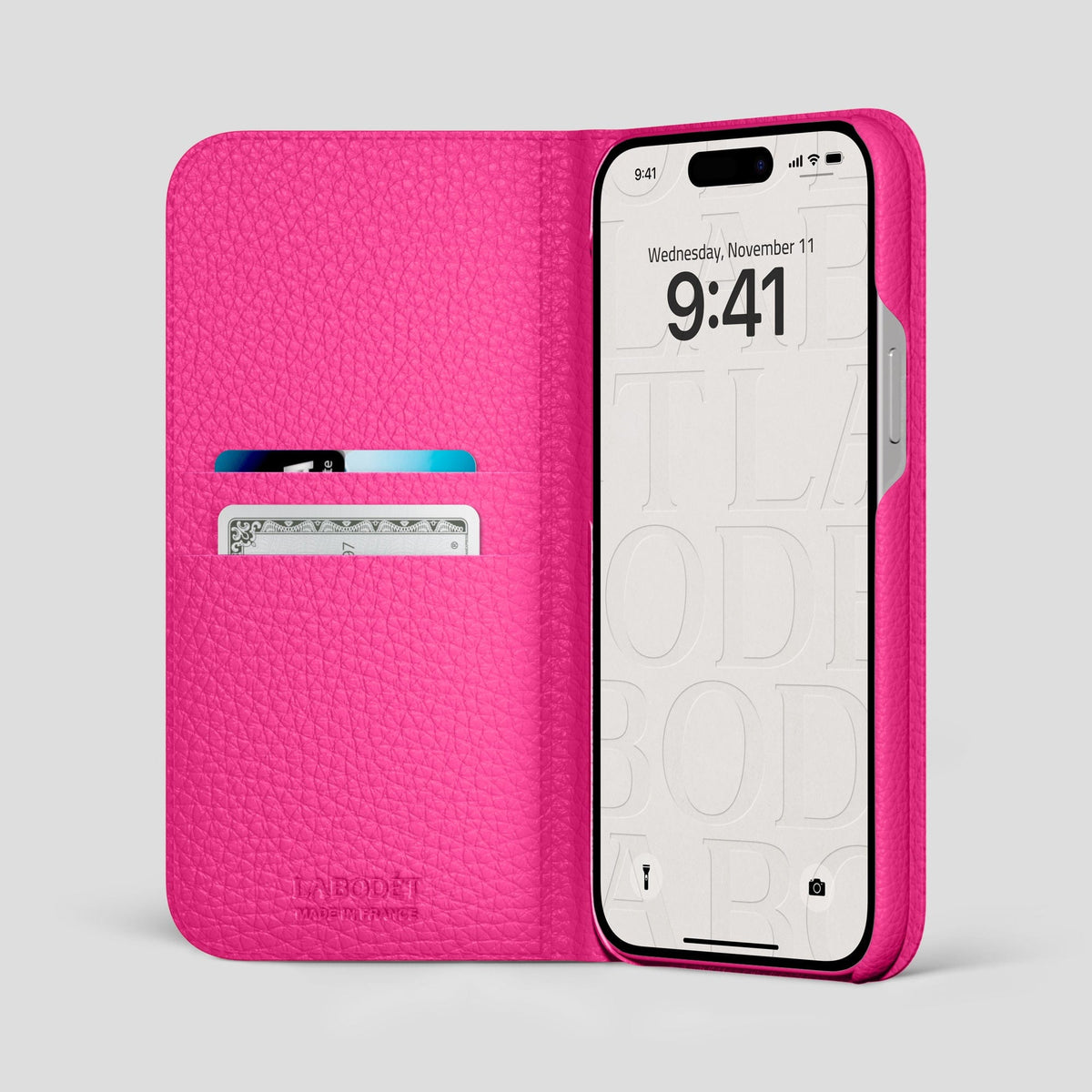 Magenta iPhone 15 Pro Max Folio Magsafe Case Calf with Gold Metal -2 | Magenta-Gold