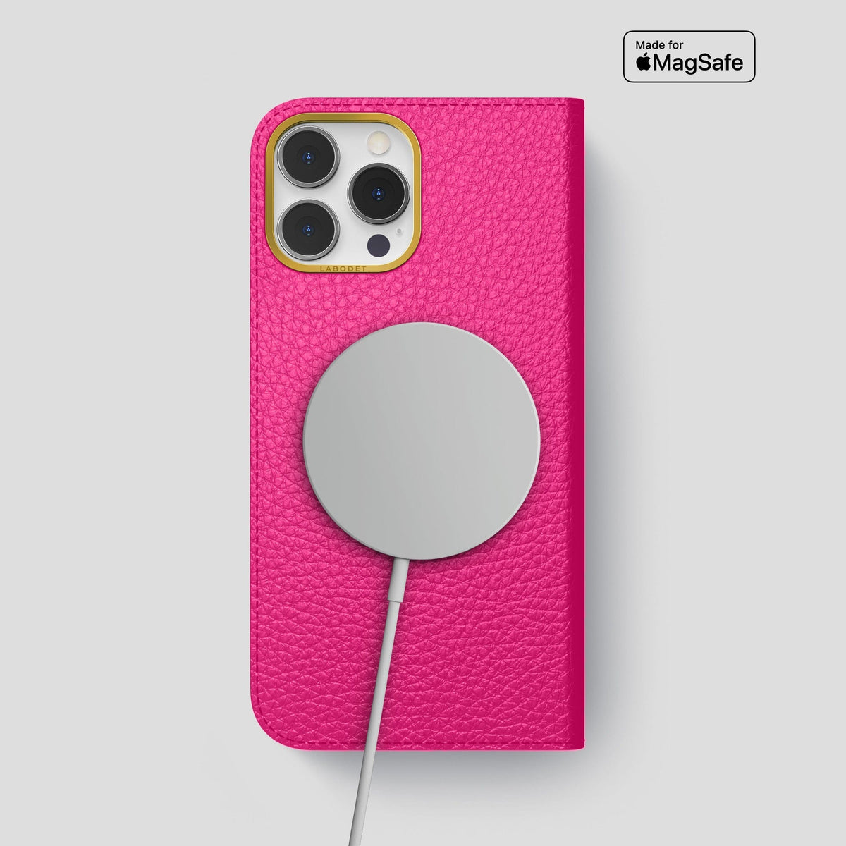 Magenta iPhone 15 Pro Max Folio Magsafe Case Calf with Gold Metal -3 | Magenta-Gold