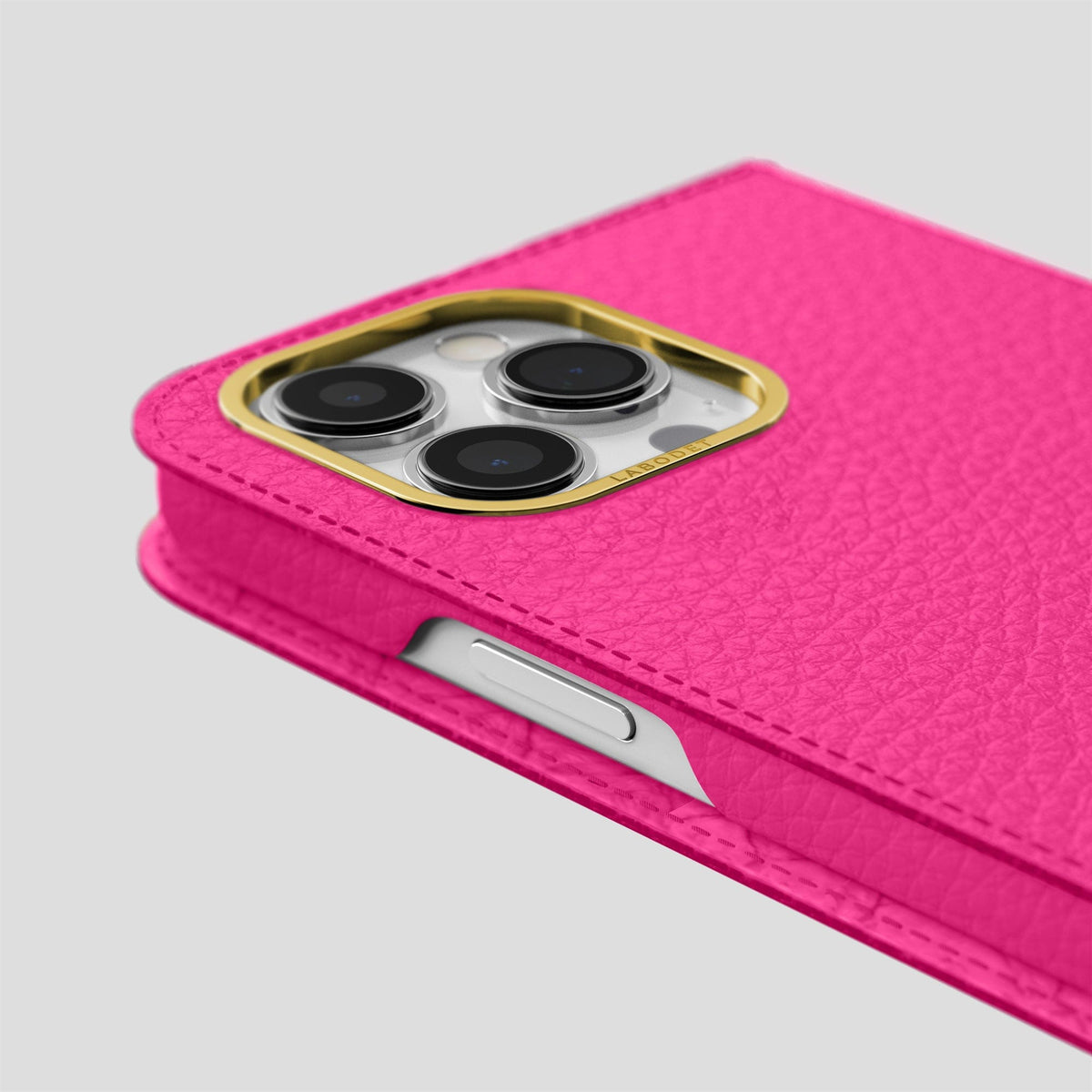 Magenta iPhone 15 Pro Max Folio Magsafe Case Calf with Gold Metal -5 | Magenta-Gold