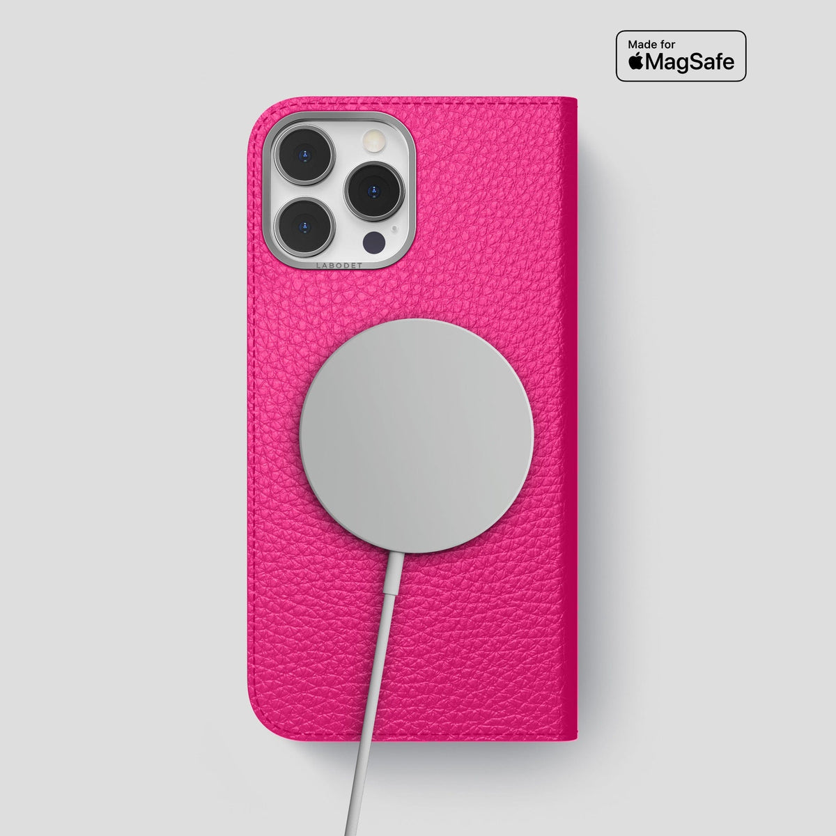 Magenta iPhone 15 Pro Max Folio Magsafe Case Calf with Steel Metal -3 | Magenta-Steel