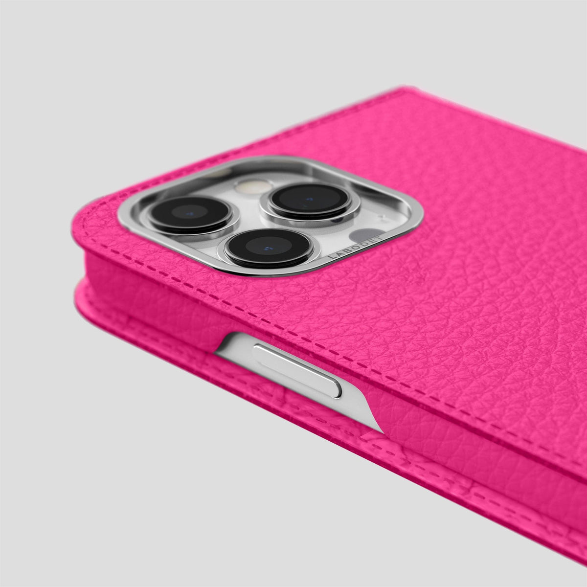 Magenta iPhone 15 Pro Max Folio Magsafe Case Calf with Steel Metal -5 | Magenta-Steel