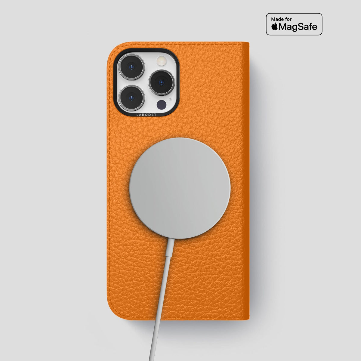 Orange iPhone 15 Pro Max Folio Magsafe Case Calf with Black Metal -3 | Orange-Black