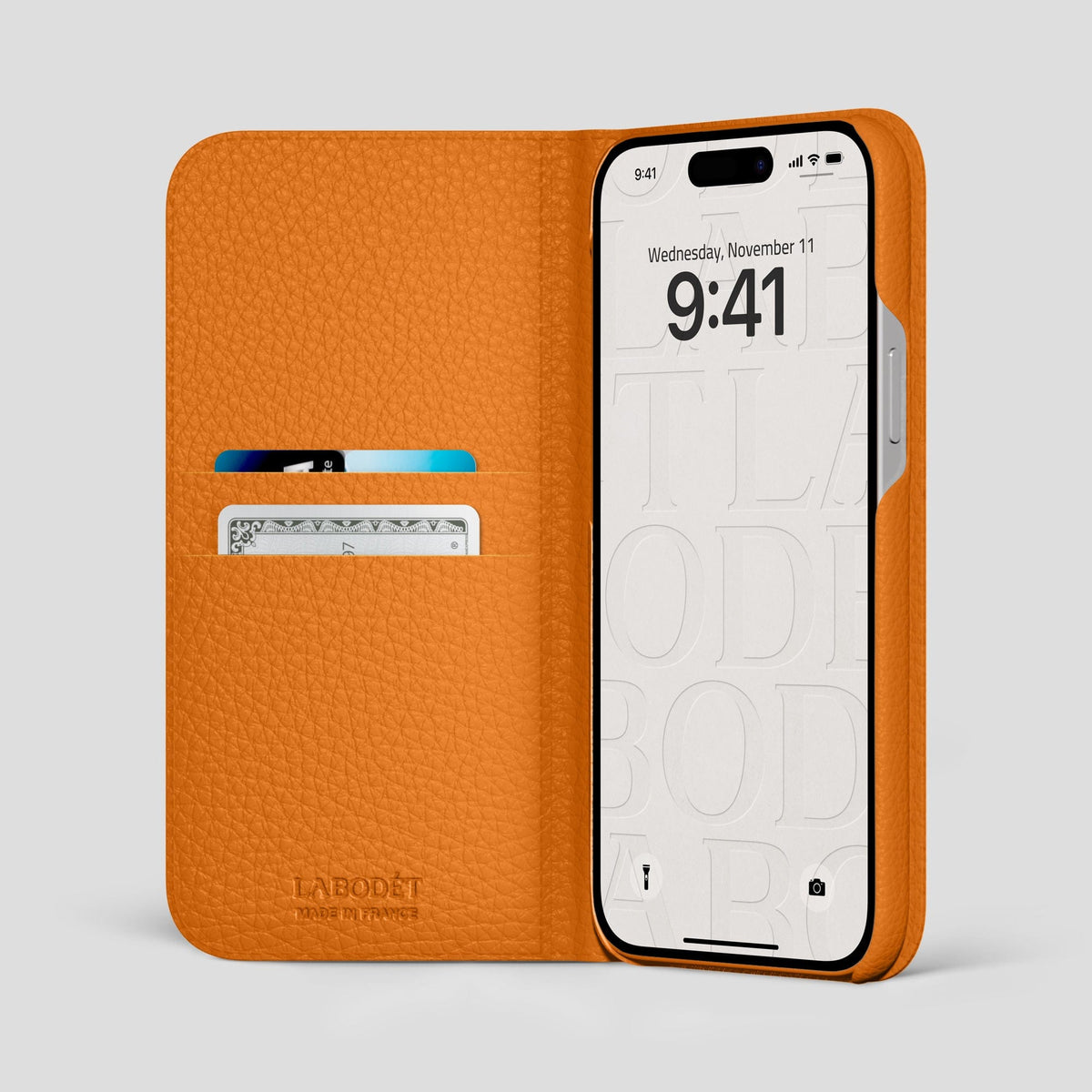 Orange iPhone 15 Pro Max Folio Magsafe Case Calf with Gold Metal -2 | Orange-Gold