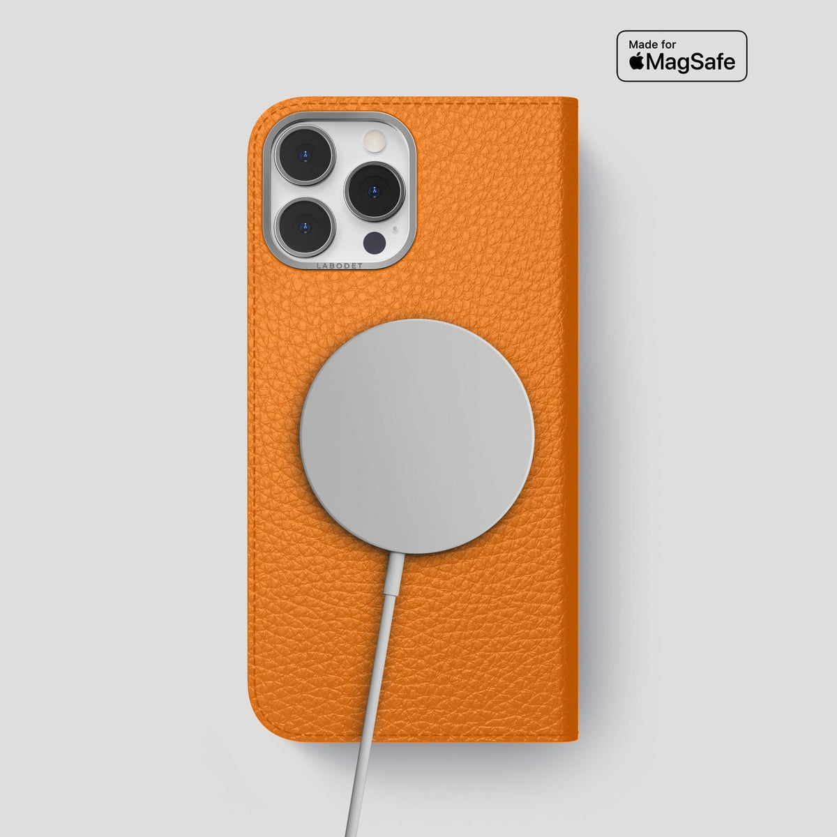 Orange iPhone 15 Pro Max Folio Magsafe Case Calf with Steel Metal -3 | Orange-Steel
