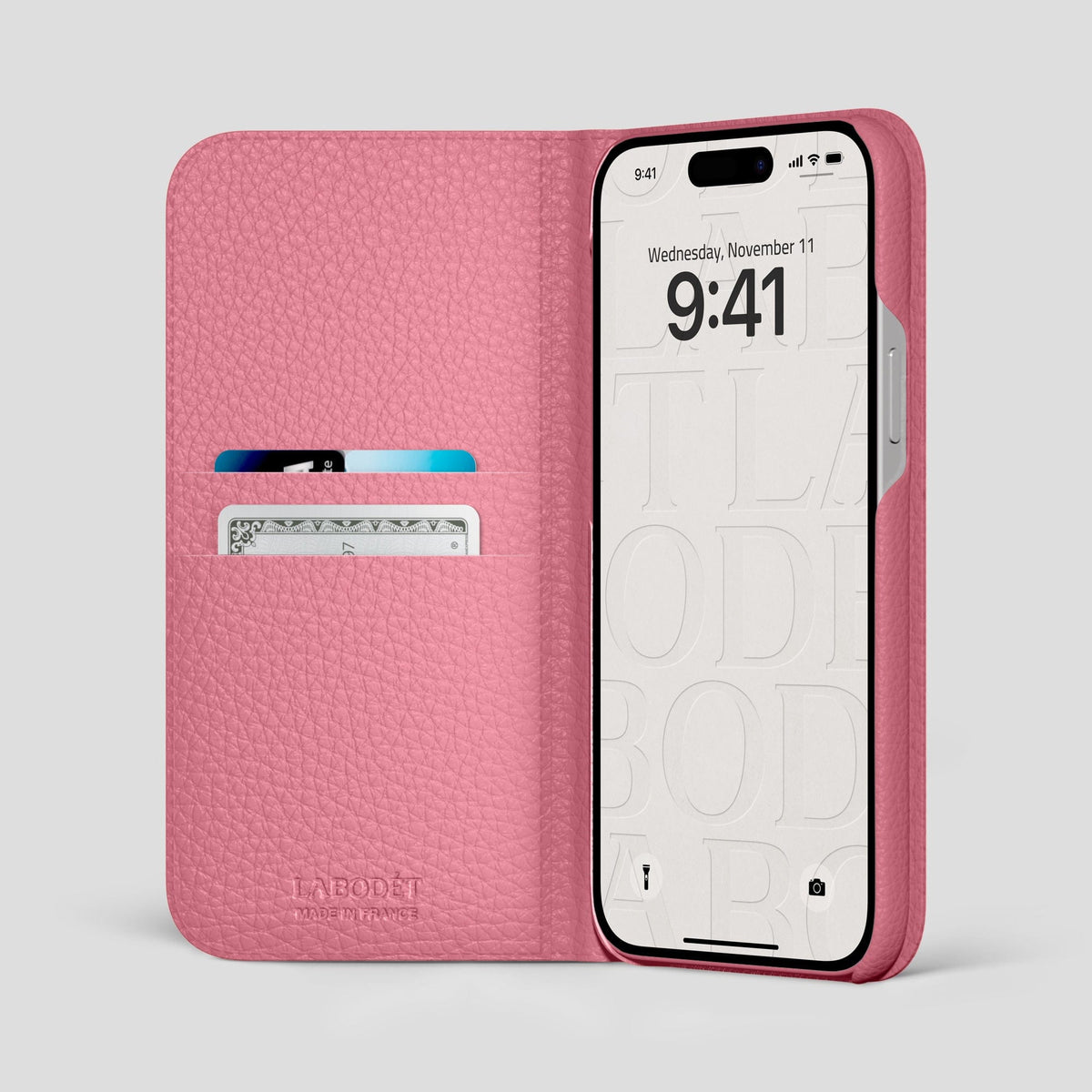 Pink iPhone 15 Pro Max Folio Magsafe Case Calf with Black Metal -2 | Pink-Black