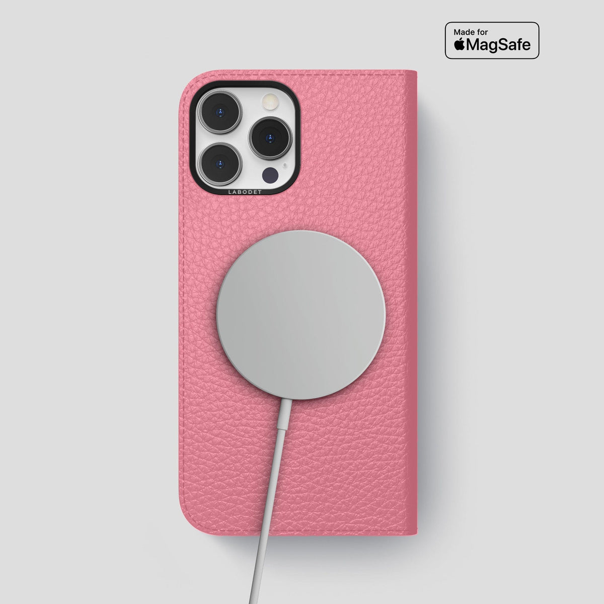 Pink iPhone 15 Pro Max Folio Magsafe Case Calf with Black Metal -3 | Pink-Black