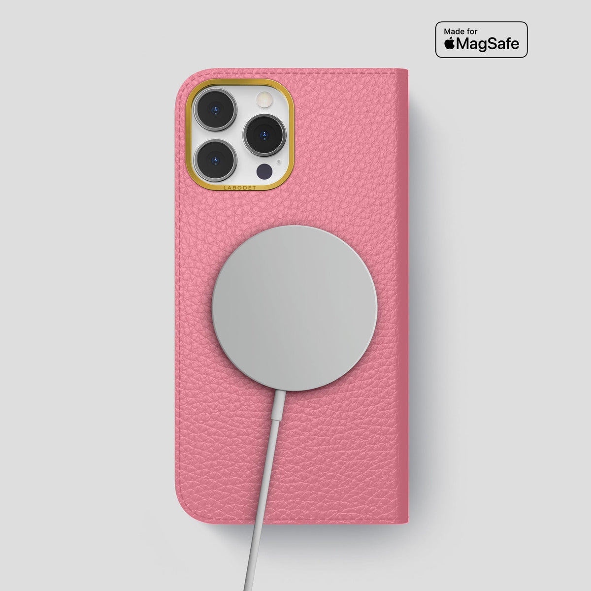 Pink iPhone 15 Pro Max Folio Magsafe Case Calf with Gold Metal -3 | Pink-Gold