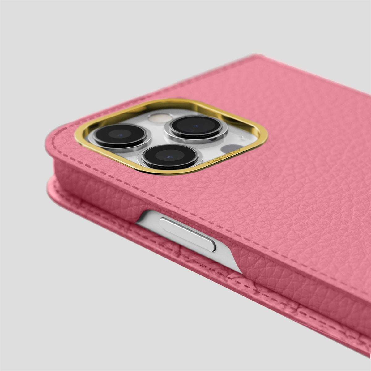 Pink iPhone 15 Pro Max Folio Magsafe Case Calf with Gold Metal -5 | Pink-Gold
