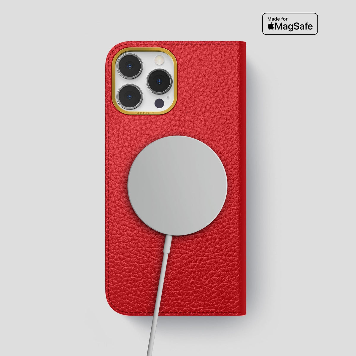 Red iPhone 15 Pro Max Folio Magsafe Case Calf with Gold Metal -3 | Red-Gold