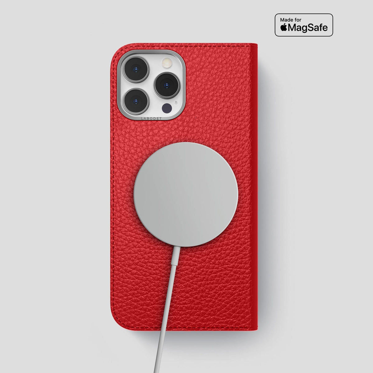 Red iPhone 15 Pro Max Folio Magsafe Case Calf with Steel Metal -3 | Red-Steel