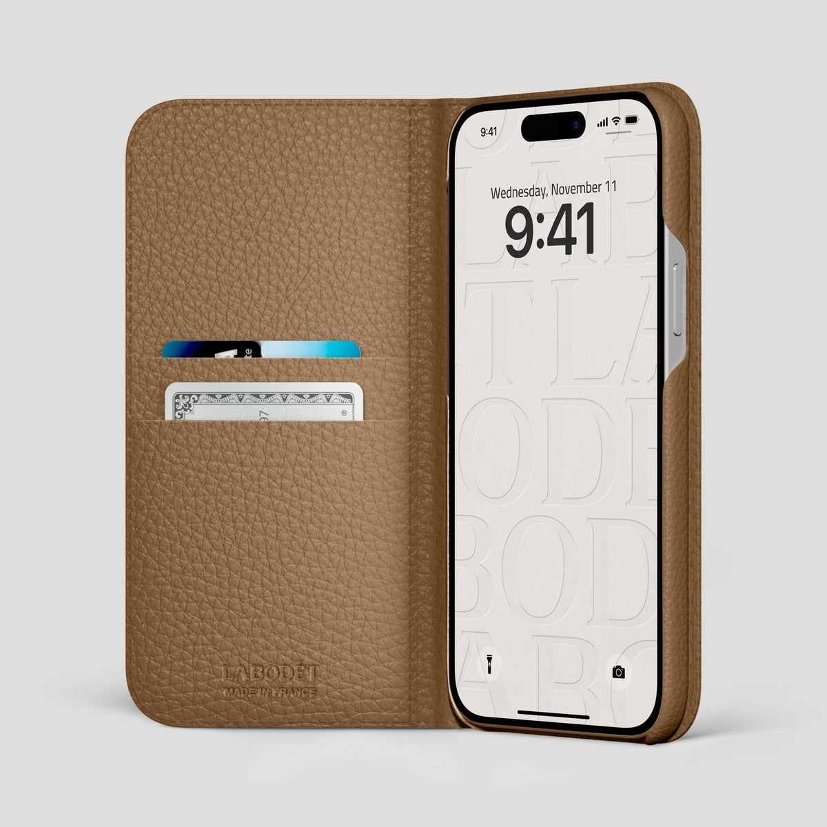 Taupe iPhone 15 Pro Max Folio Magsafe Case Calf with Gold Metal -2 | Taupe-Gold
