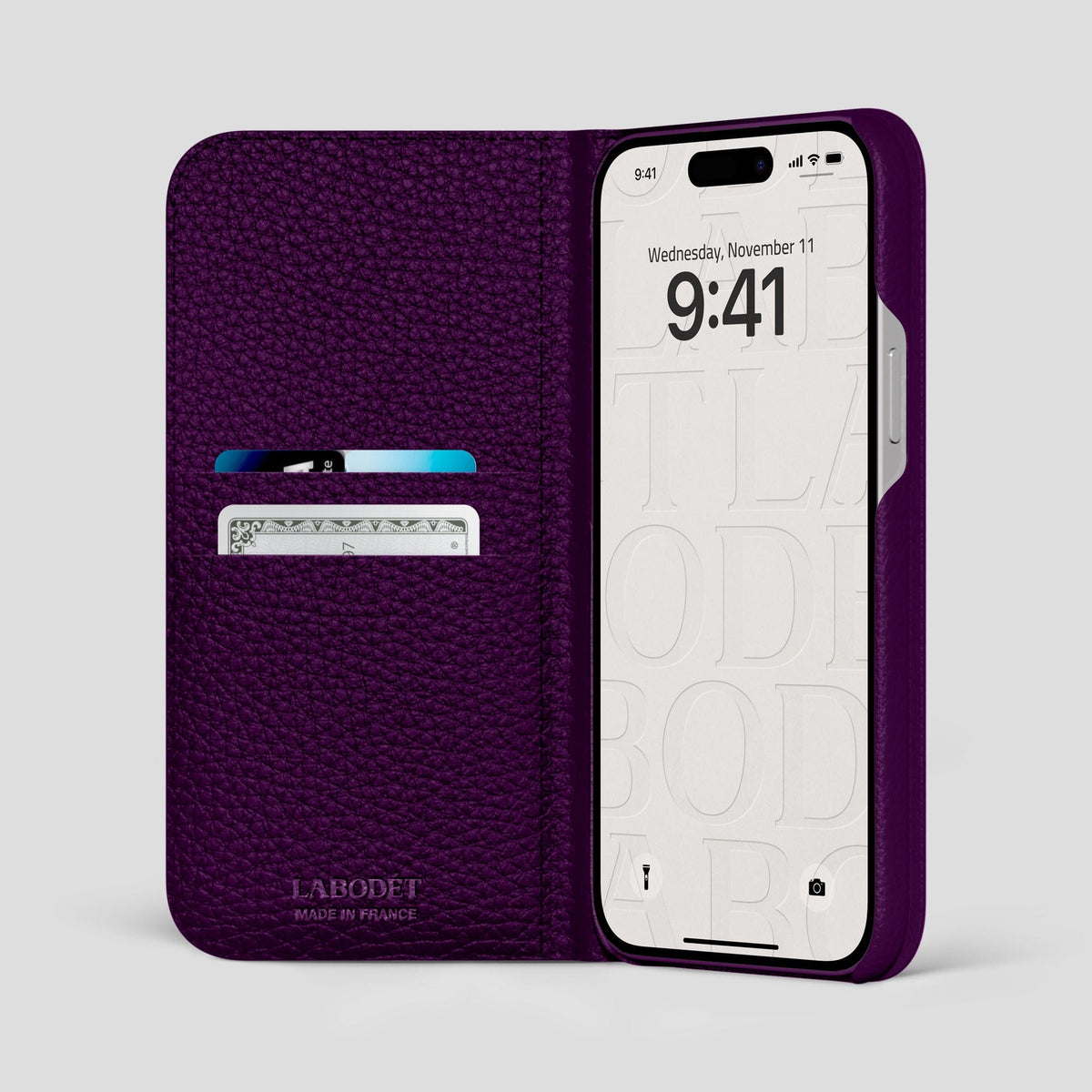 Violet iPhone 15 Pro Max Folio Magsafe Case Calf with Gold Metal -2 | Violet-Gold