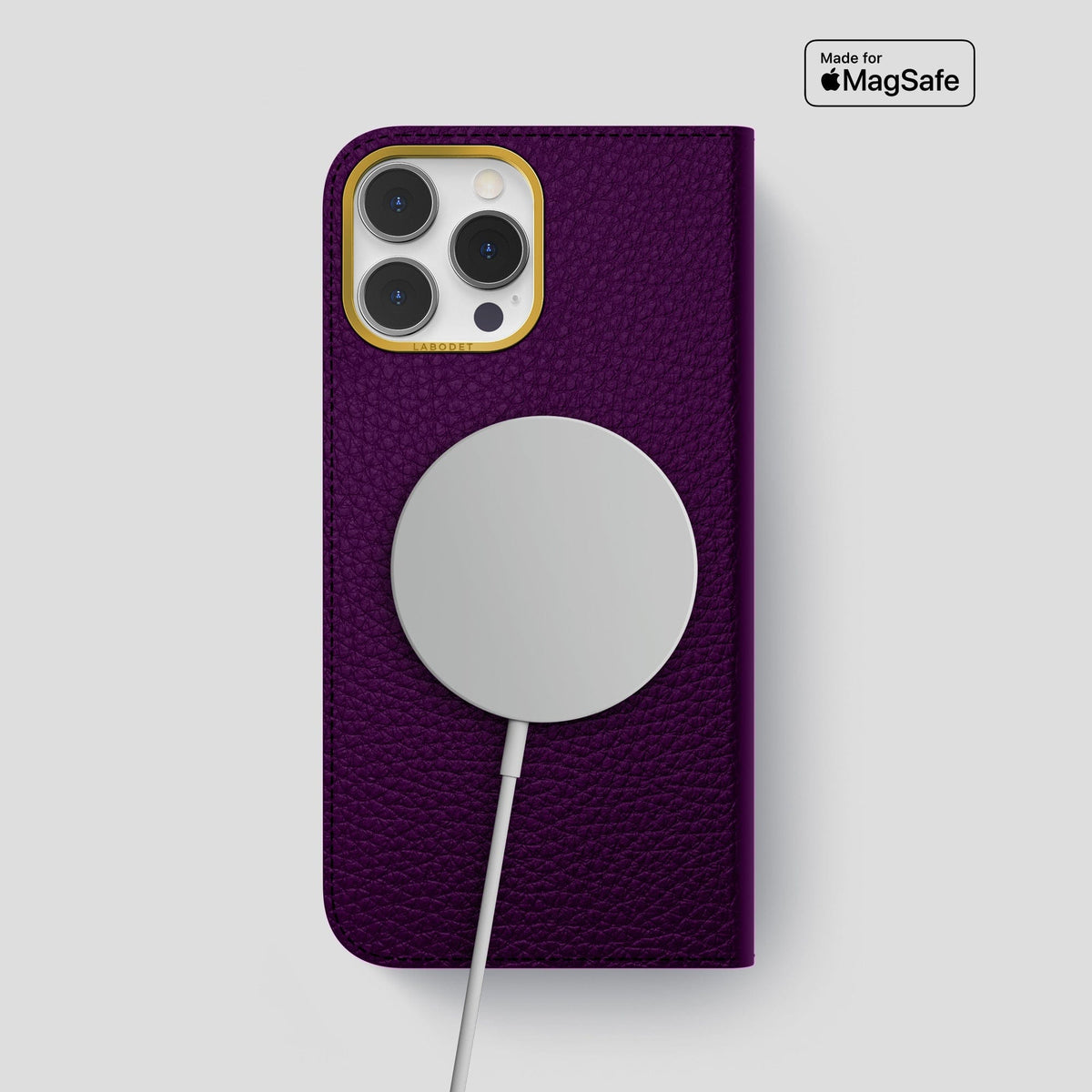 Violet iPhone 15 Pro Max Folio Magsafe Case Calf with Gold Metal -3 | Violet-Gold