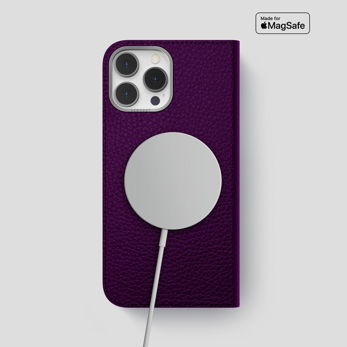 Violet iPhone 15 Pro Max Folio Magsafe Case Calf with Steel Metal -3 | Violet-Steel