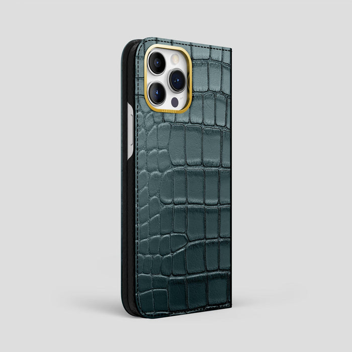Metallic-Blue iPhone 15 Pro Max Folio Case Alligator with Gold Metal -1 | Metallic-Blue-Gold