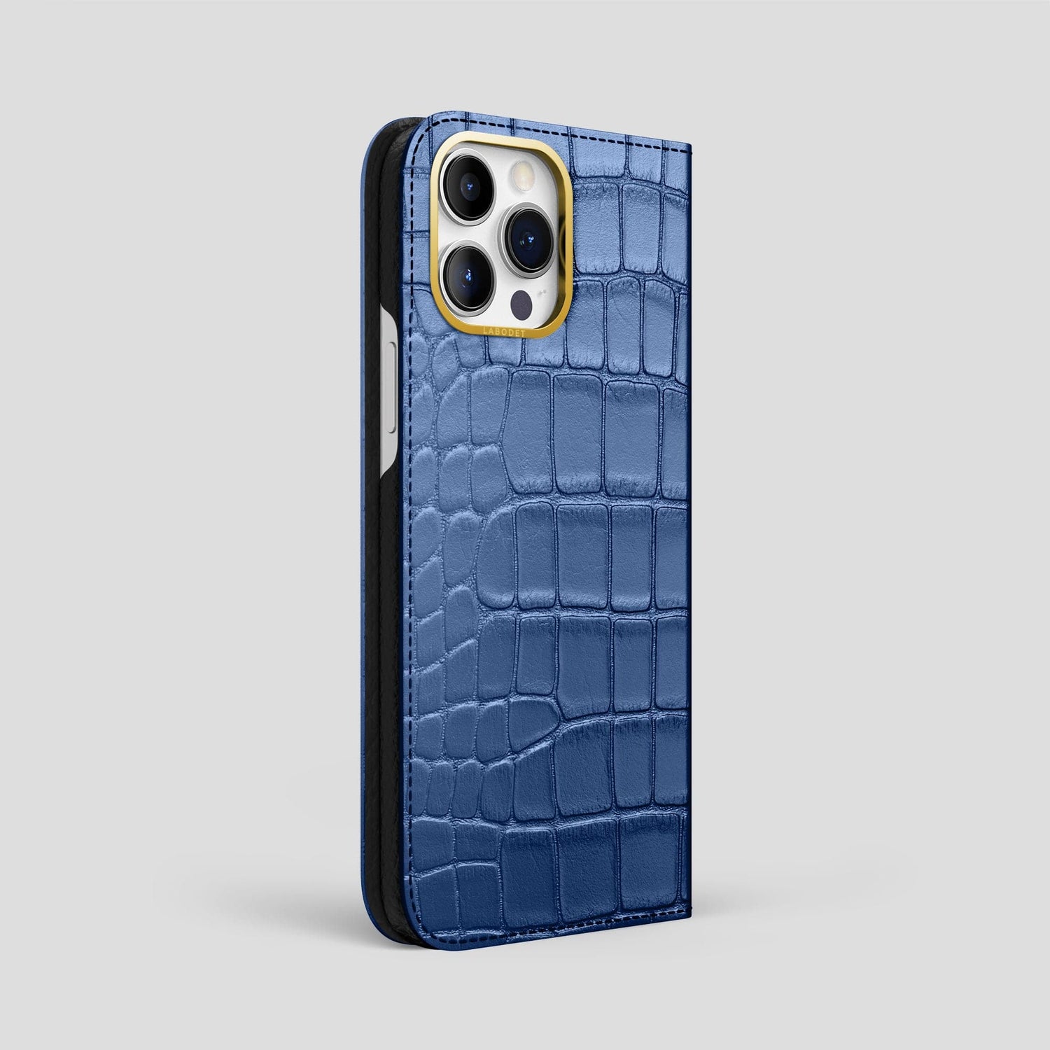Pearlized-Blue iPhone 15 Pro Max Folio Case Alligator with Gold Metal -1 | Pearlized-Blue-Gold