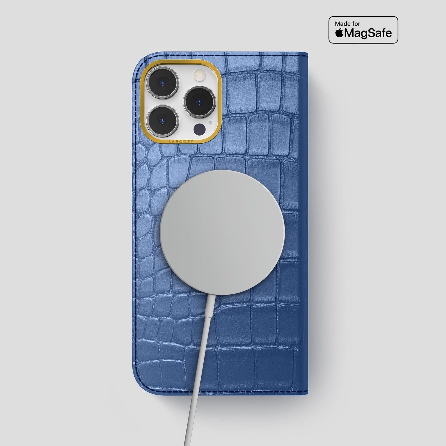 Pearlized-Blue iPhone 15 Pro Max Folio Case Alligator with Gold Metal -3 | Pearlized-Blue-Gold