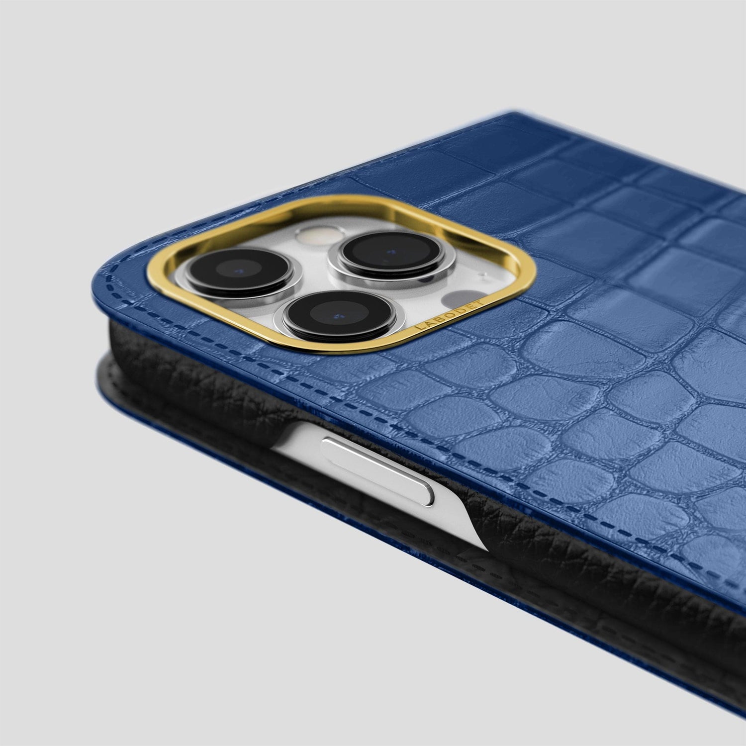 Pearlized-Blue iPhone 15 Pro Max Folio Case Alligator with Gold Metal -5 | Pearlized-Blue-Gold