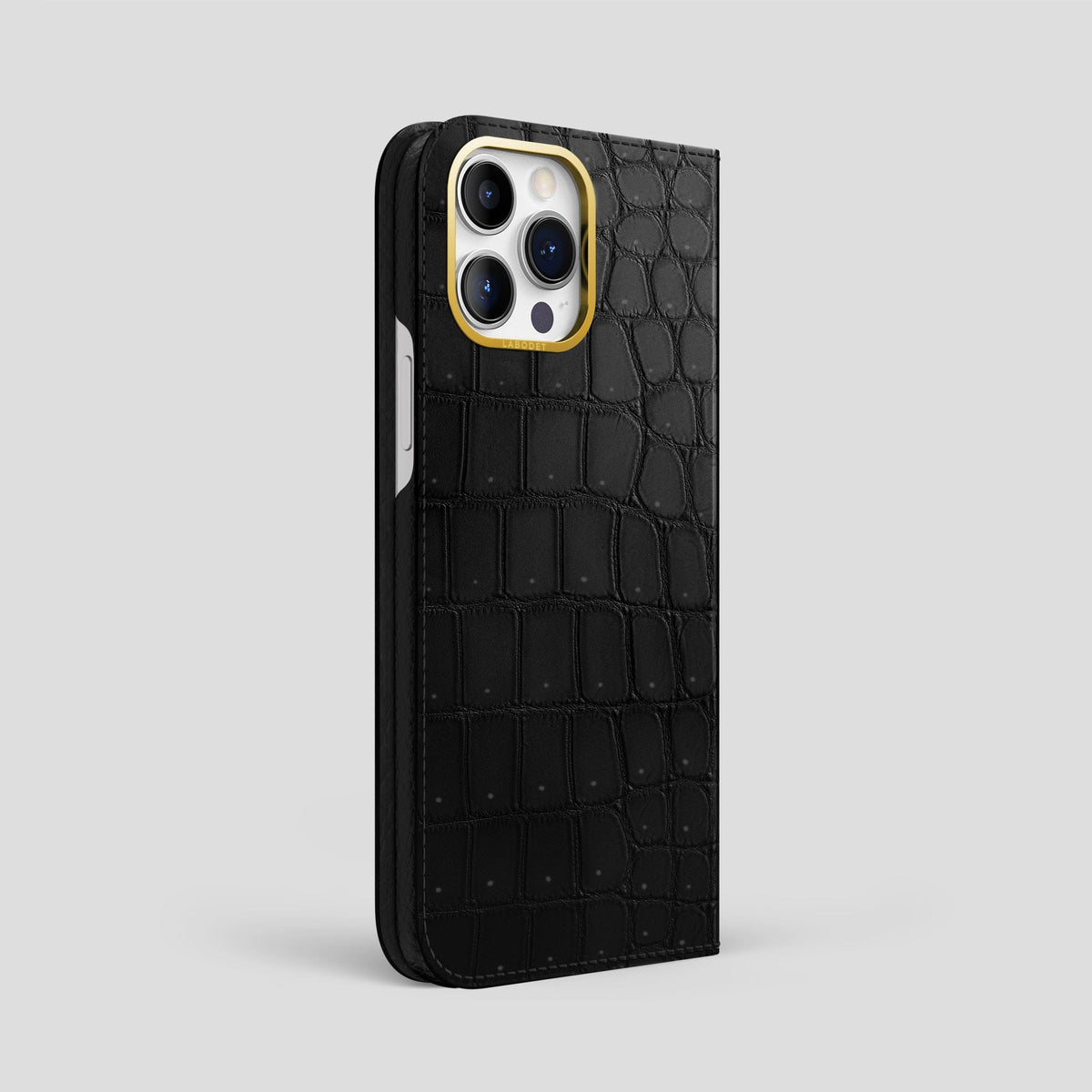 Black iPhone 15 Pro Max Folio Case Porosus Crocodile with Gold Metal -1 | Black-Gold