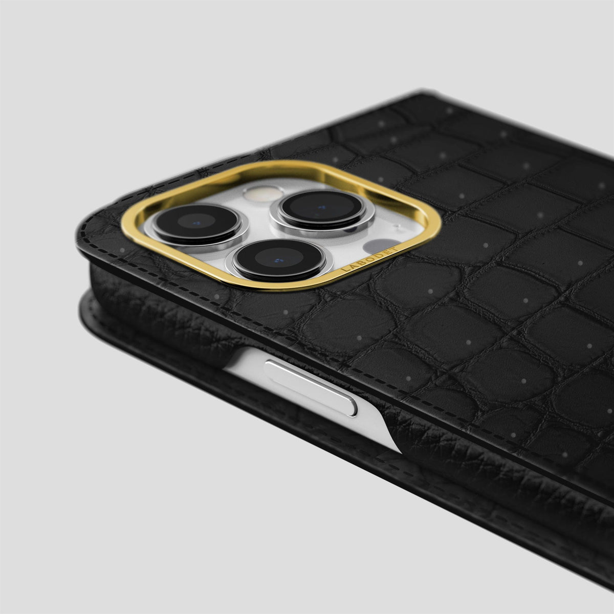Black iPhone 15 Pro Max Folio Case Porosus Crocodile with Gold Metal -5 | Black-Gold