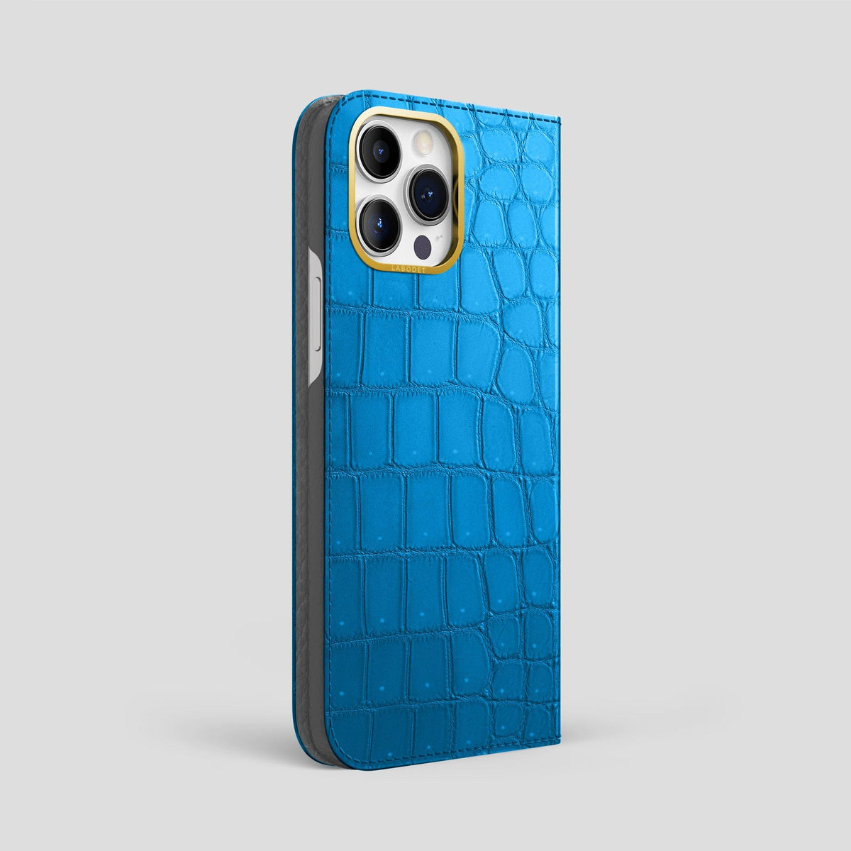 Blue-Lagoon iPhone 15 Pro Max Folio Case Porosus Crocodile with Gold Metal -1 | Blue-Lagoon-Gold