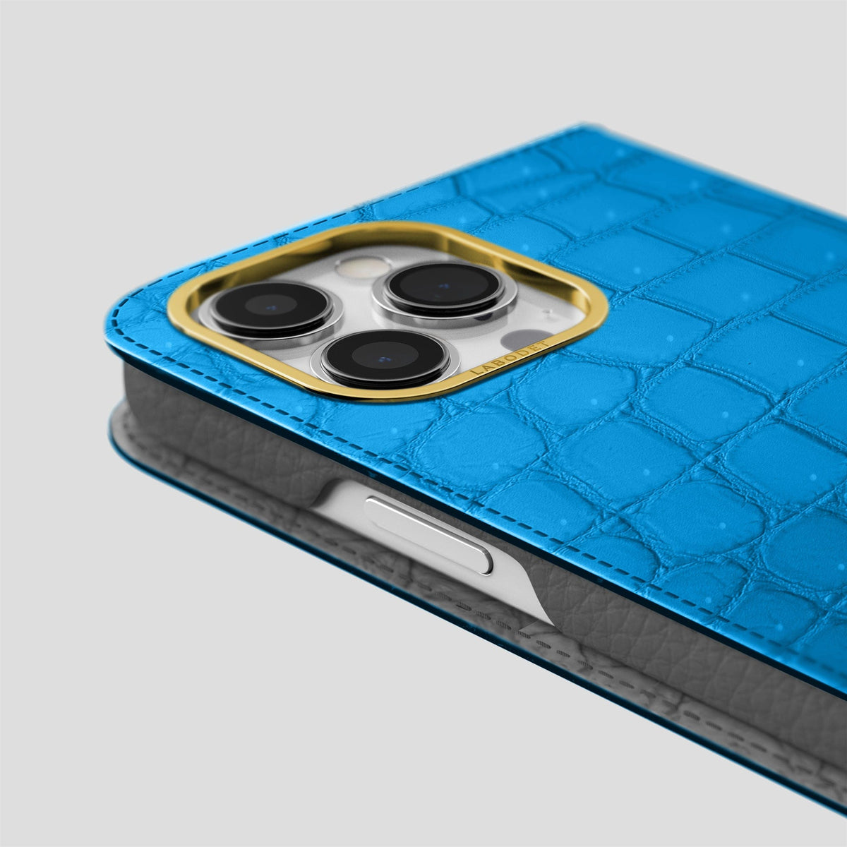Blue-Lagoon iPhone 15 Pro Max Folio Case Porosus Crocodile with Gold Metal -5 | Blue-Lagoon-Gold