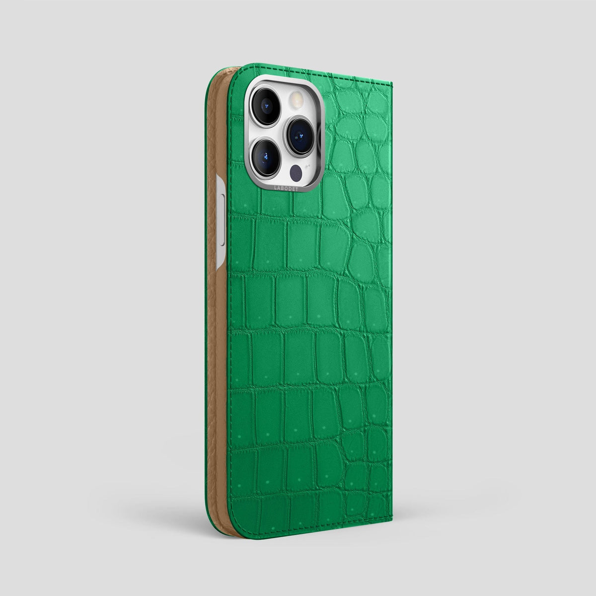 Cactus-Green iPhone 15 Pro Max Folio Case Porosus Crocodile with Steel Metal -1 | Cactus-Green-Steel