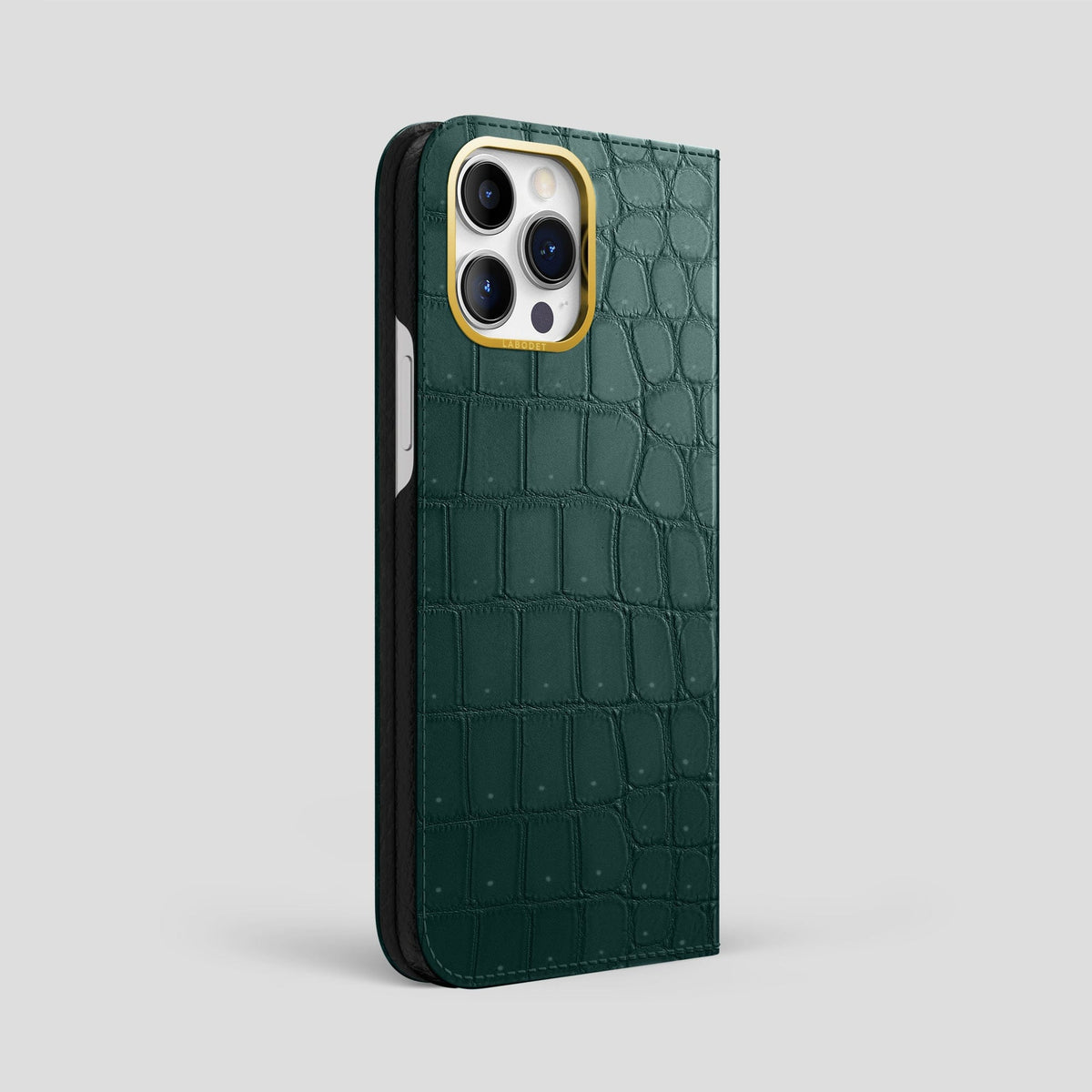 Dark-Forest iPhone 15 Pro Max Folio Case Porosus Crocodile with Gold Metal -1 | Dark-Forest-Gold