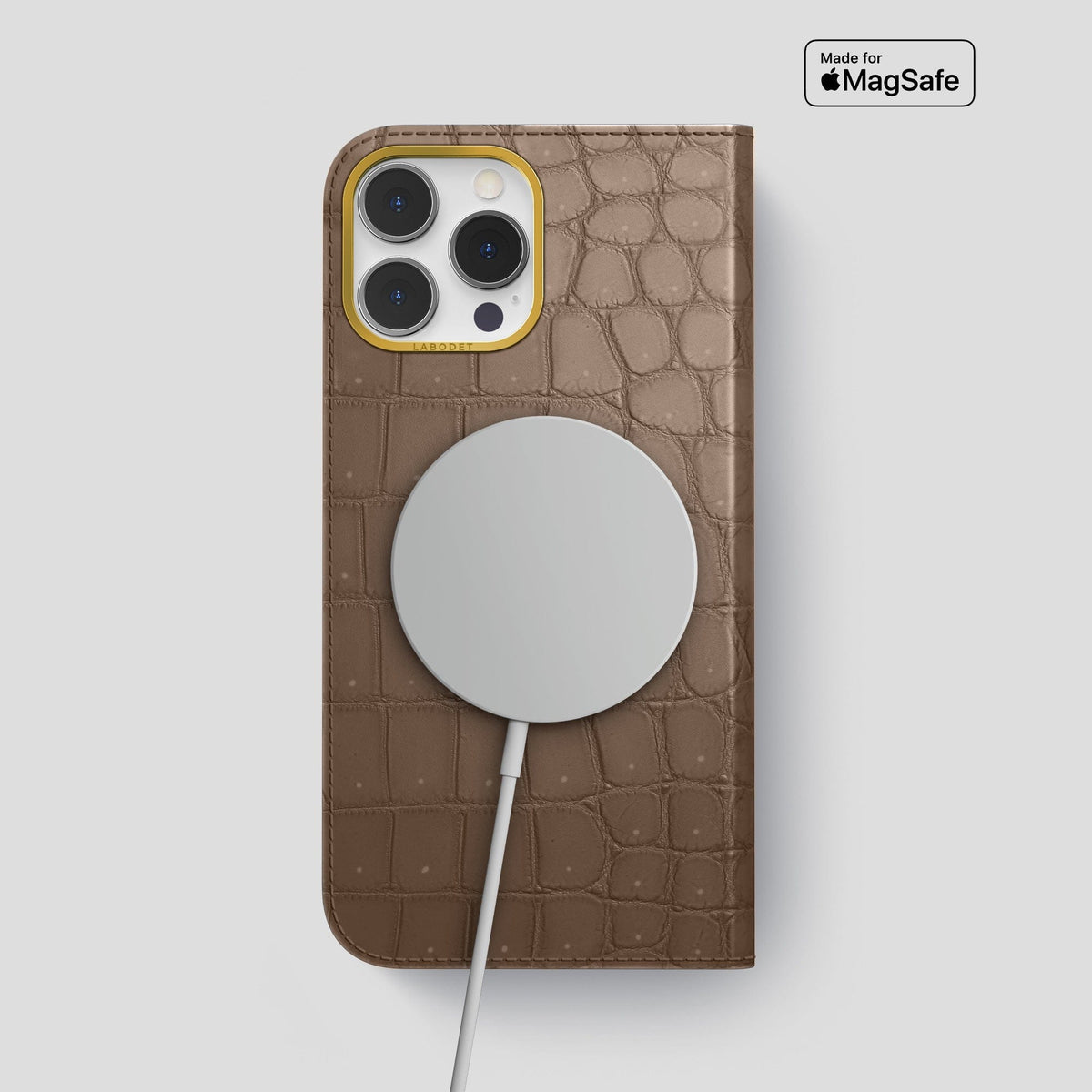 Fur-Brown iPhone 15 Pro Max Folio Case Porosus Crocodile with Gold Metal -3 | Fur-Brown-Gold