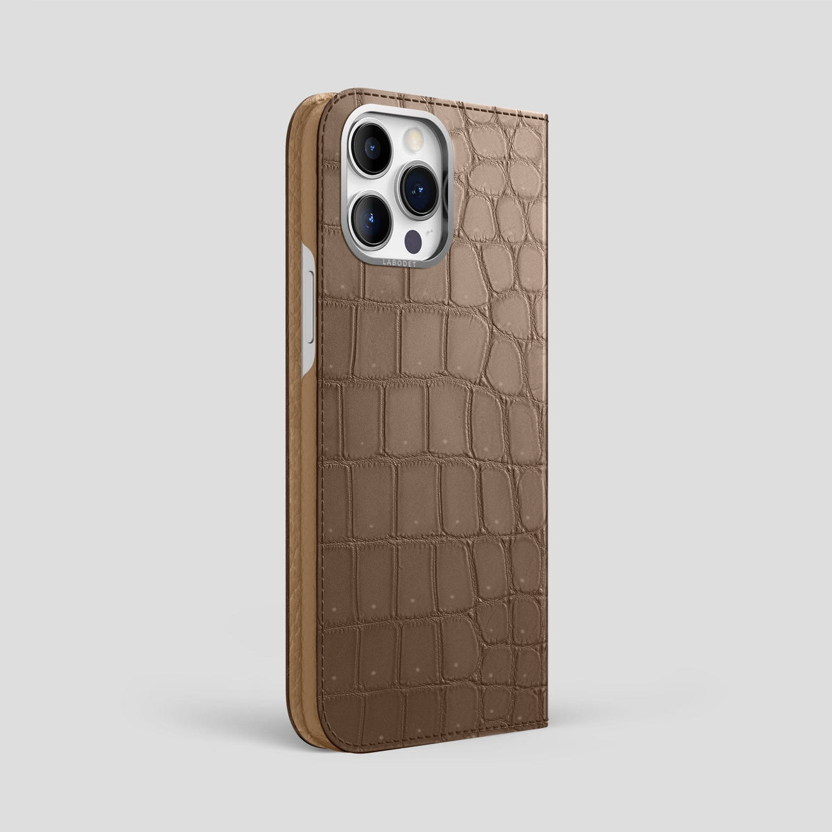 Fur-Brown iPhone 15 Pro Max Folio Case Porosus Crocodile with Steel Metal -1 | Fur-Brown-Steel