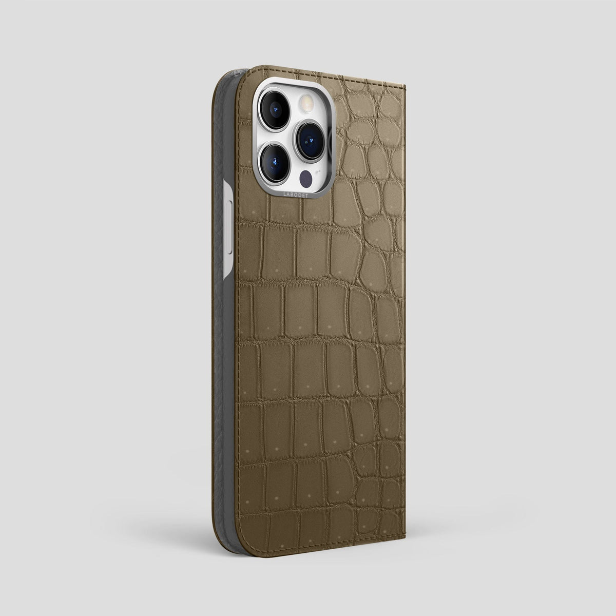 Kaki-Green iPhone 15 Pro Max Folio Case Porosus Crocodile with Steel Metal -1 | Kaki-Green-Steel