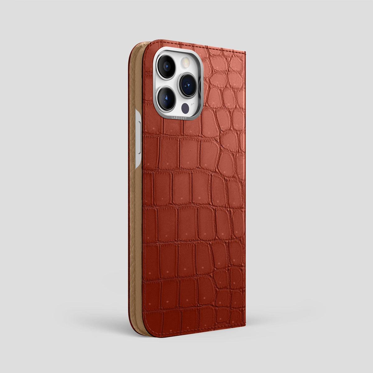 Mahogany-Brown iPhone 15 Pro Max Folio Case Porosus Crocodile with Steel Metal -1 | Mahogany-Brown-Steel