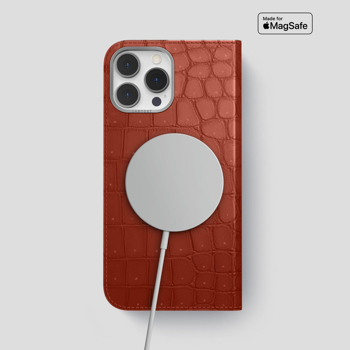 Mahogany-Brown iPhone 15 Pro Max Folio Case Porosus Crocodile with Steel Metal -3 | Mahogany-Brown-Steel