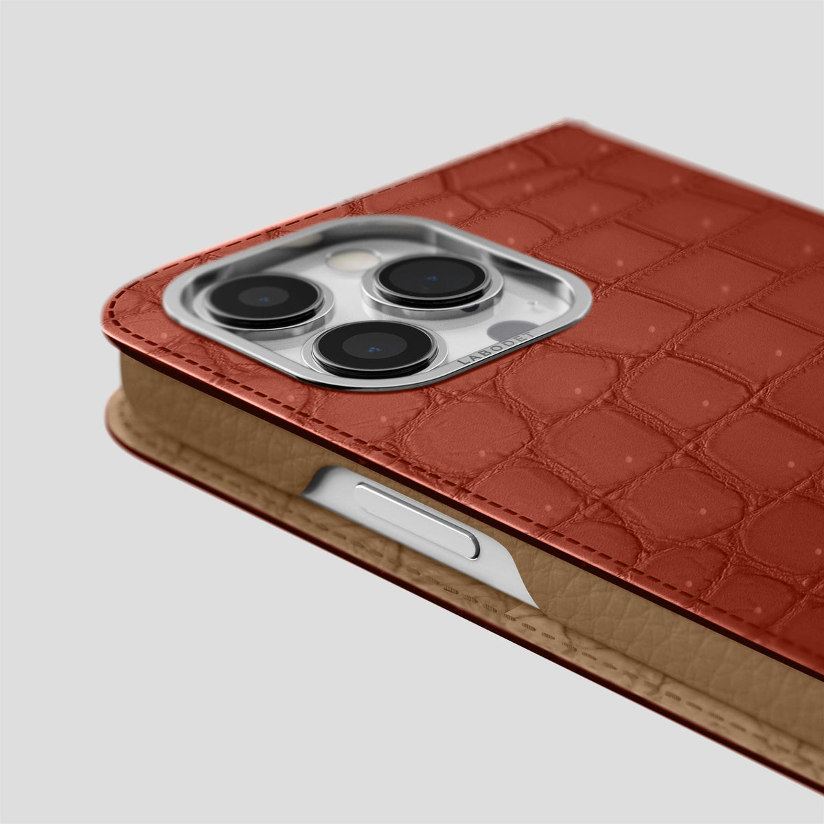 Mahogany-Brown iPhone 15 Pro Max Folio Case Porosus Crocodile with Steel Metal -5 | Mahogany-Brown-Steel